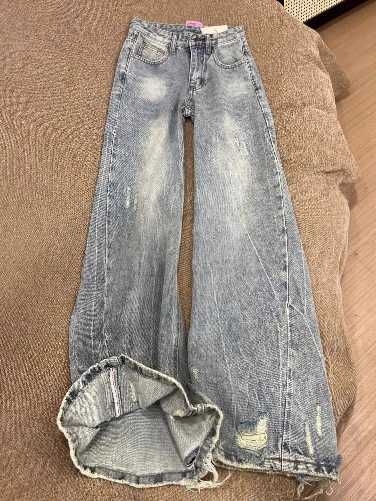Baggy Jeans Women Clothing Street Retro Washing and Aging Ripped Jeans for Women Casual Wide-leg High Waisted Jeans Woman Pants